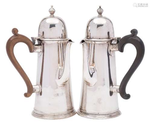 A pair of Edward VII silver chocolate pots, maker George Edward & Sons, London,