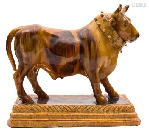 A Portuguese majolica 'decanter' figure of a bull: by Mafra, Caldas de Rainha,