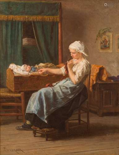 Theophile Emmanuel Du Verger [1821-1901]- Maternal Cares; mother and baby in an interior,