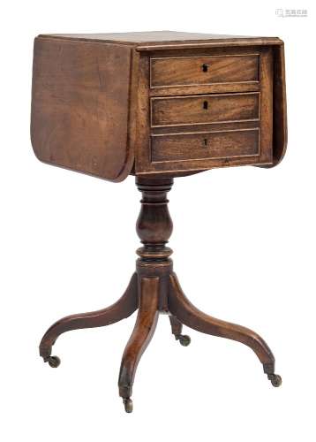 A Regency mahogany drop flap work table:, the hinged top with rounded corners and a moulded edge,