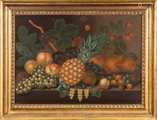 European School 19th Century- Still life of fruit on a marble ledge, including a pineapple,