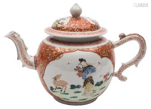 A Chinese famille rose/verte teapot and cover: painted to each side with an elegant lady and a deer