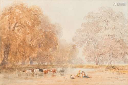 David Cox [1783-1859]- A tree lined river bank with cattle midstream,