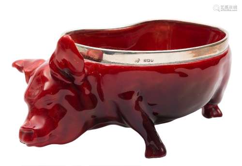 An unusual Royal Doulton flambe glazed silver-mounted pig bowl HN243: the silver mounted rim