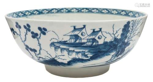 A First Period Worcester blue and white bowl: painted in 'The Precipice' pattern with pavilions in