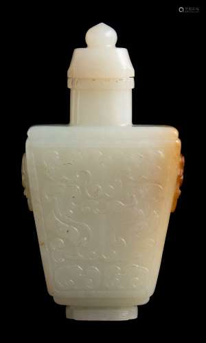 A Chinese jade snuff bottle and stopper: of flattened form,