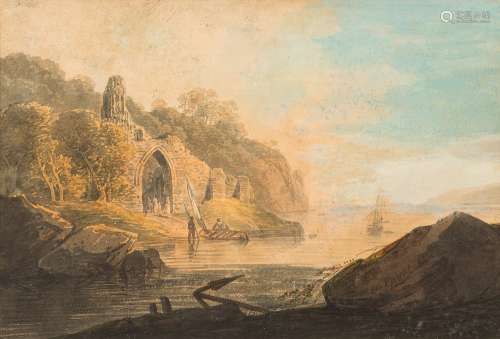 William Payne [c.1755-1830]- Ruined abbey by a shore,:- signed bottom right watercolour, 19.
