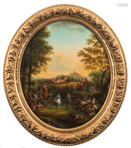 Attributed to French School late 18th/early 19th Century- An Arcadian landscape with figures merry