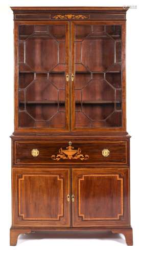A late 19th Century mahogany inlaid and satinwood banded secretaire bookcase:,