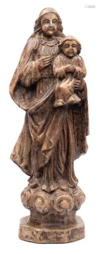 A 19th century Continental carved wood figure group of The Virgin Mary holding The Christ Child: