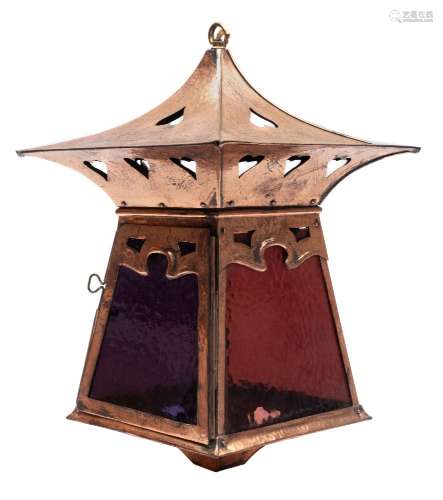 An Arts and Crafts copper hall lantern: of pagoda outline,