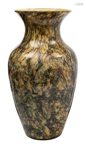 A Continental glass baluster vase: in marbled blue, ruby,