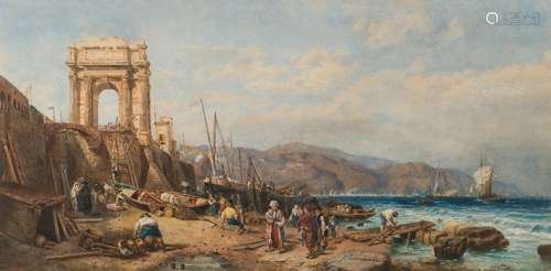 After Clarkson Stanfield [19th Century]- Ancona and The Arch of Trajan:- beach scene with figures