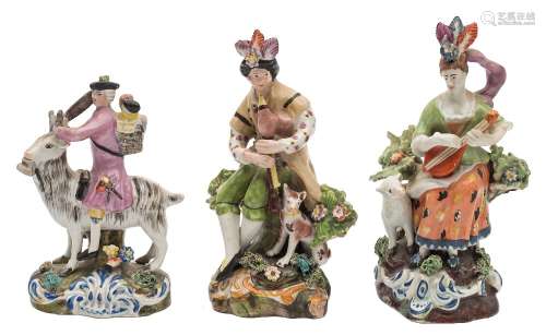 A pair of Staffordshire pearlware figures of musicians and a similar figure of 'The Welsh Tailor