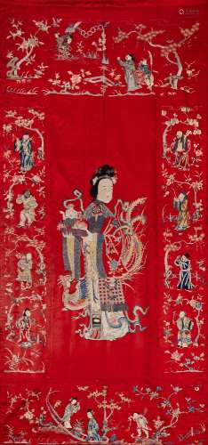 A late 19th century Chinese embroidered panel: embroidered in coloured silks,