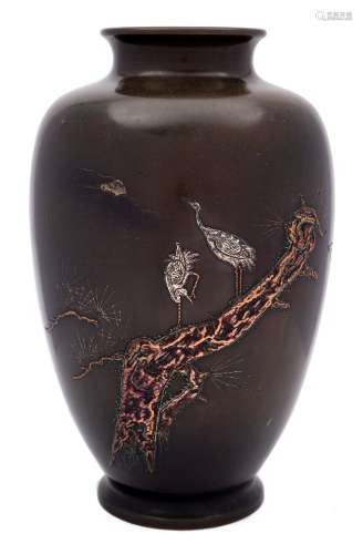 A Japanese bronze, silver and copper inlaid vase: of oviform outline,