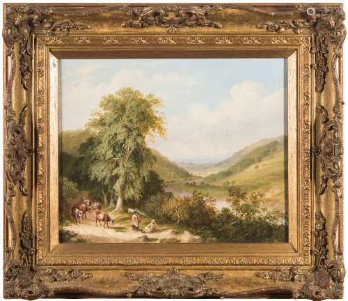 J L Roberts [19th Century]- An upland river landscape, cattle and figures in the foreground,