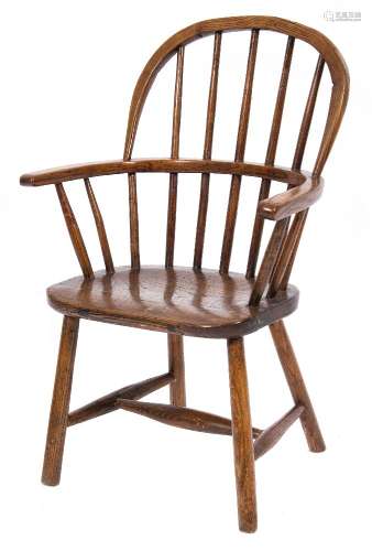 A child's early 19th Century ash and elm stick back Windsor elbow chair:,