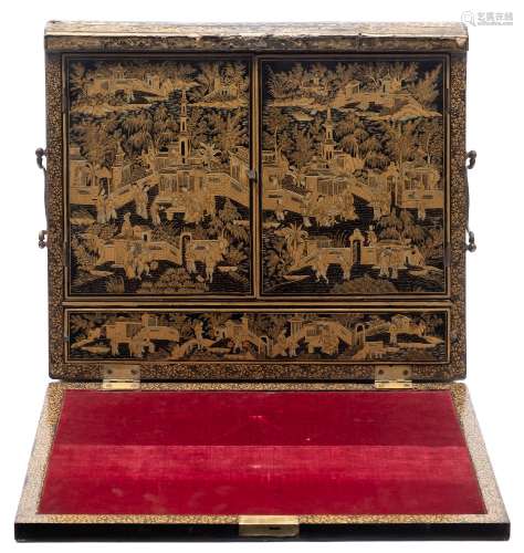 A 19th century Chinese export lacquer writing box: of rectangular outline,