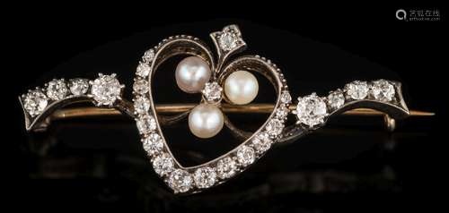 A 19th century gold, silver, diamond and pearl mounted bar brooch: with central heart-shaped motif,