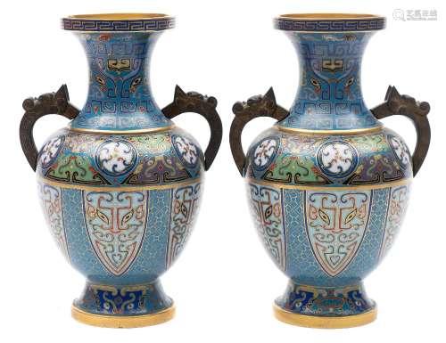 A pair of Chinese cloisonne vases: of baluster form with dragon handles,