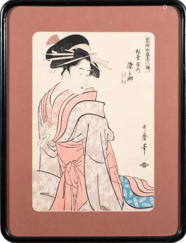 After Kitagawa Utamaro Bijin with love letter: polychrome woodblock print, 37 x 26cm.