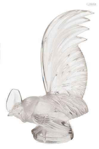 A Lalique glass car mascot 'Coq Nain': the frosted body in the form of a cockerel with tail raised,