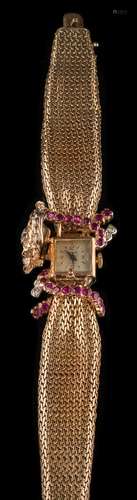 A lady's 9ct gold ruby and diamond mounted wristwatch: with rectangular dial stamped 'Josarn'