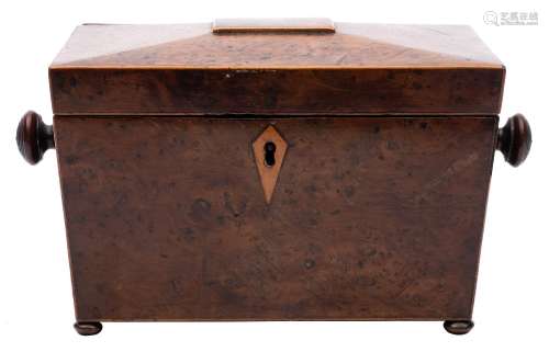 A Regency burr yew and boxwood strung tea caddy: of sarcophagus outline,