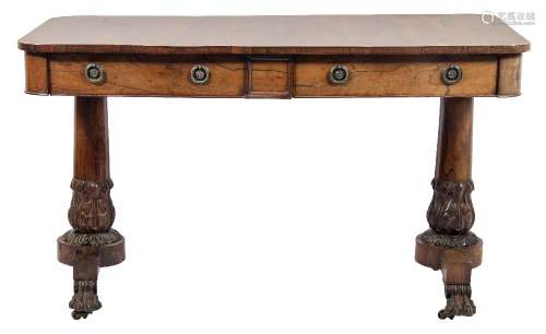 A William IV rosewood rectangular library table:, the top with rounded corners,