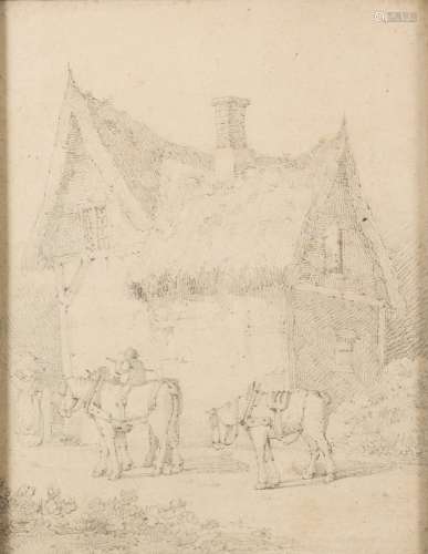 Attributed to Robert Dixon [1780-1815]- Farmer and work horses outside a thatched cottage,