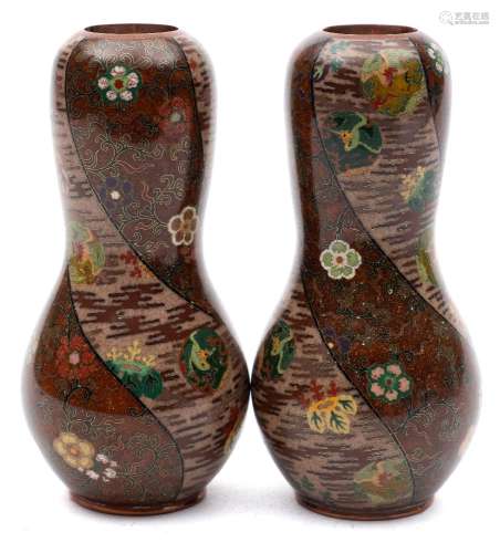 A pair of Japanese cloisonne gourd-shaped vases: of waisted outline,