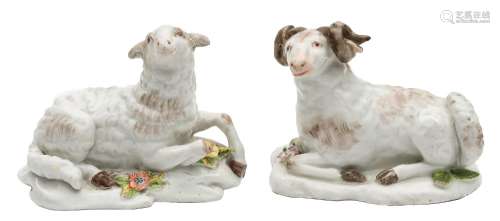 A pair of Chelsea models of a recumbent ewe and ram: their fleeces with greyish brown markings,