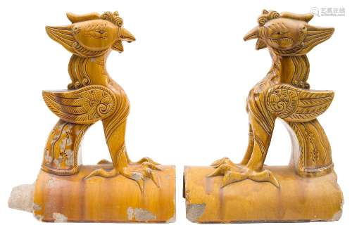 A pair of Chinese yellow glazed stoneware ridge tiles: in the Ming manner,