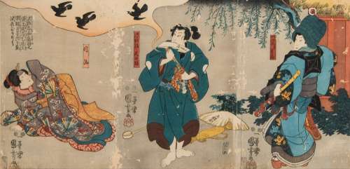 After Utagawa Kuniyoshi, a woodblock triptych of Japanese actors: as Samurai warriors and bijins,