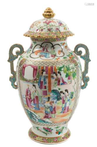 A Canton porcelain two-handled jar and cover: of footed oviform with domed,