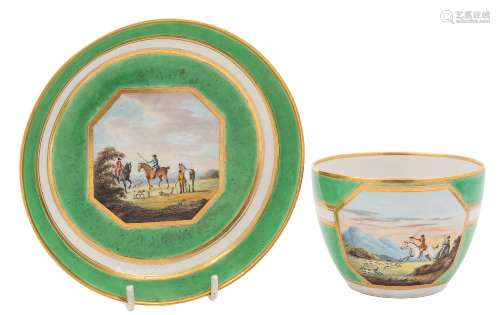 A large Derby breakfast cup and saucer the painting attributed to John Brewer: of Bute shape,