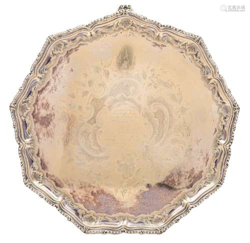 A late Victorian plated presentation tray: inscribed, of polygonal outline,
