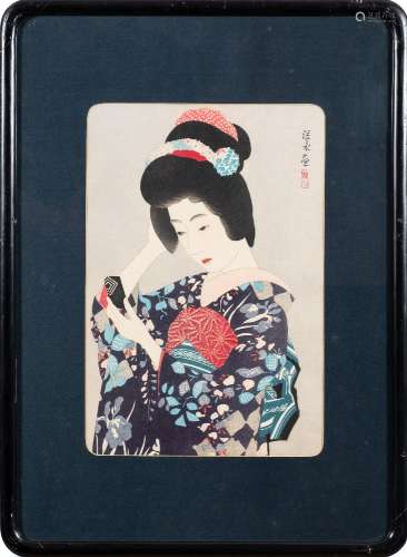 After Ito Shinsui (1898-1972) Bijin arranging her hair: polychrome woodblock print, 32.5 x 22cm.