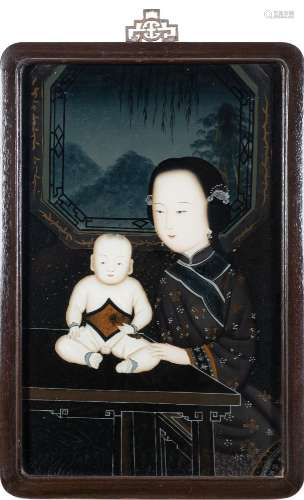 A 20th century Chinese reverse painting on glass: depicting a mother with her child seated on a
