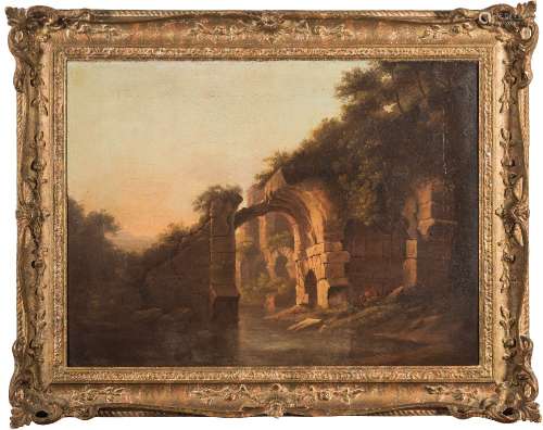 Circle of Julius Caesar Ibbetson [1759-1817]- Ancient bridge across a river, landscape beyond,