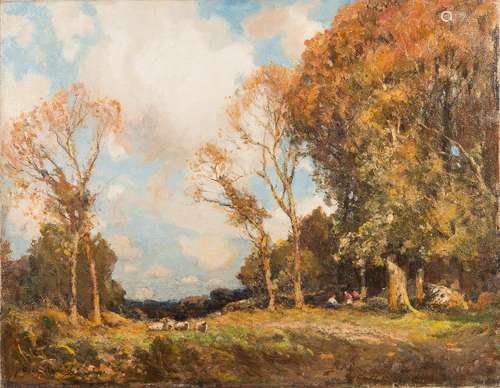 John Noble Barlow [ 1861-1917]- A woodland clearing, sheep grazing,