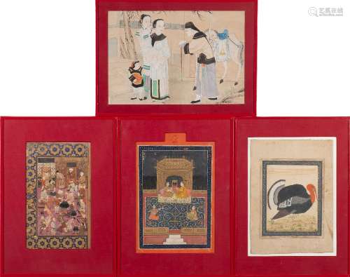 A collection of three Mughal School pictures: including a turkey, lover seated on a balcony,