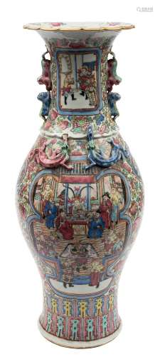 A large Canton famille rose baluster vase: the neck and shoulders with applied lion dogs and