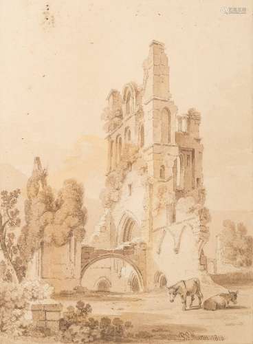 Paul Sandby Munn [1773-1845]- Llanthony Abbey, Monmouthshire; donkeys grazing in the foreground,