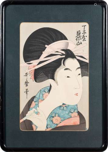 After Kitagawa Utamaro Bijin with opium pipe: polychrome woodblock print, 36.5 x 24cm.
