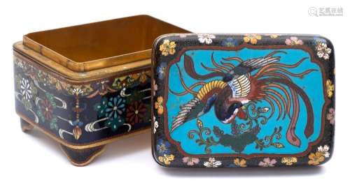 A small Japanese cloisonne rectangular box and cover: decorated with a ho-ho bird,