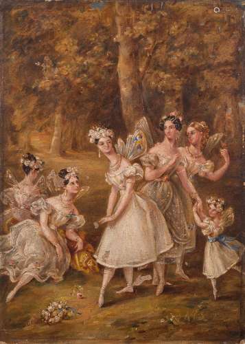 British School 19th Century- Fairies in a woodland glade,:- oil on board 40 x 29cm.