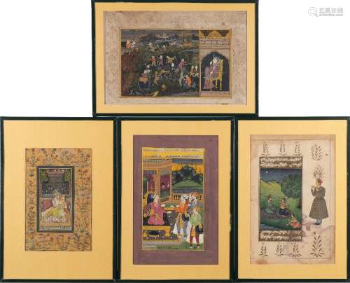 A group of four Mughal School pictures: depicting various subjects including young lover by a