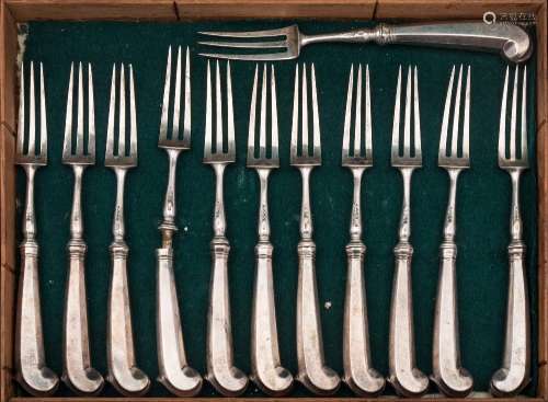 A set of twelve George IV silver pistol grip forks, maker WT possibly William Theobalds, London,